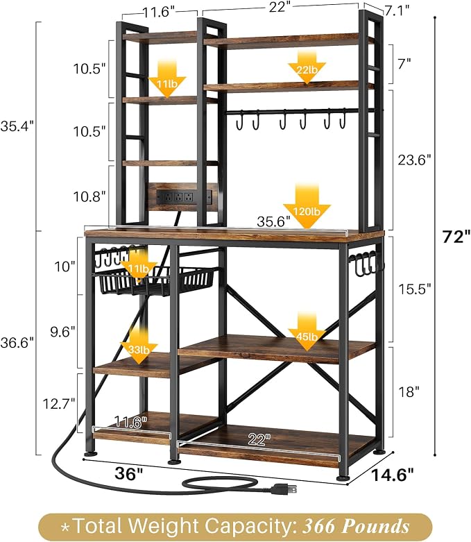 Denkee Large Bakers Rack with Power Outlets, 38 Inch Microwave Stand with Storage, 5-Tier Coffee Bar Stand, Industrial Kitchen Shelf Rack, Rustic Brown