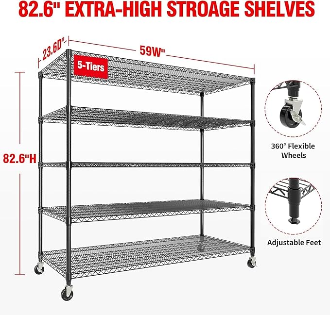 Garvee Storage Shelves, 5 Tier Metal Shelving Units with Wheels, 82" H x 59" W x 23.6" D, 3300 LBS Heavy Duty Wire Shelving Rolling Rack for Garage Kitchen Home Basement, Adjustable, Black