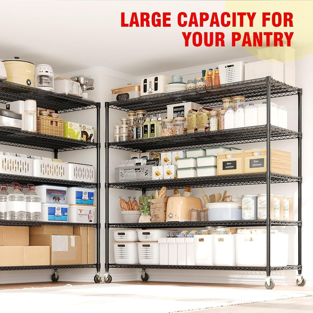 Garvee Storage Shelves, 5 Tier Metal Shelving Units with Wheels, 82" H x 59" W x 23.6" D, 3300 LBS Heavy Duty Wire Shelving Rolling Rack for Garage Kitchen Home Basement, Adjustable, Black