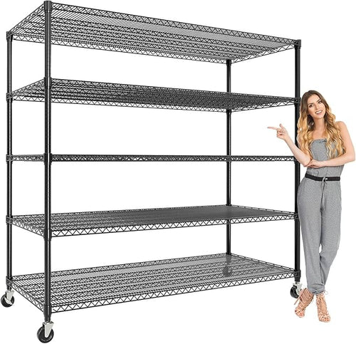 Garvee Storage Shelves, 5 Tier Metal Shelving Units with Wheels, 82" H x 59" W x 23.6" D, 3300 LBS Heavy Duty Wire Shelving Rolling Rack for Garage Kitchen Home Basement, Adjustable, Black