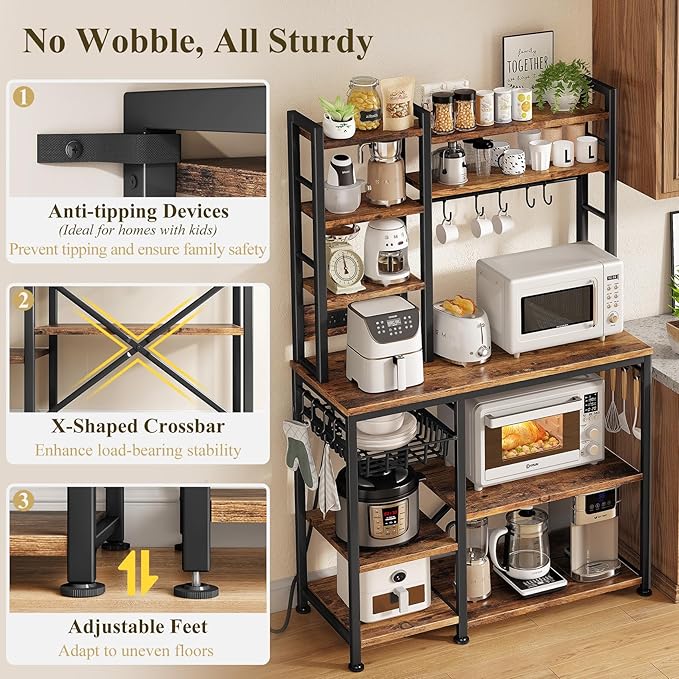 Denkee Large Bakers Rack with Power Outlets, 38 Inch Microwave Stand with Storage, 5-Tier Coffee Bar Stand, Industrial Kitchen Shelf Rack, Rustic Brown