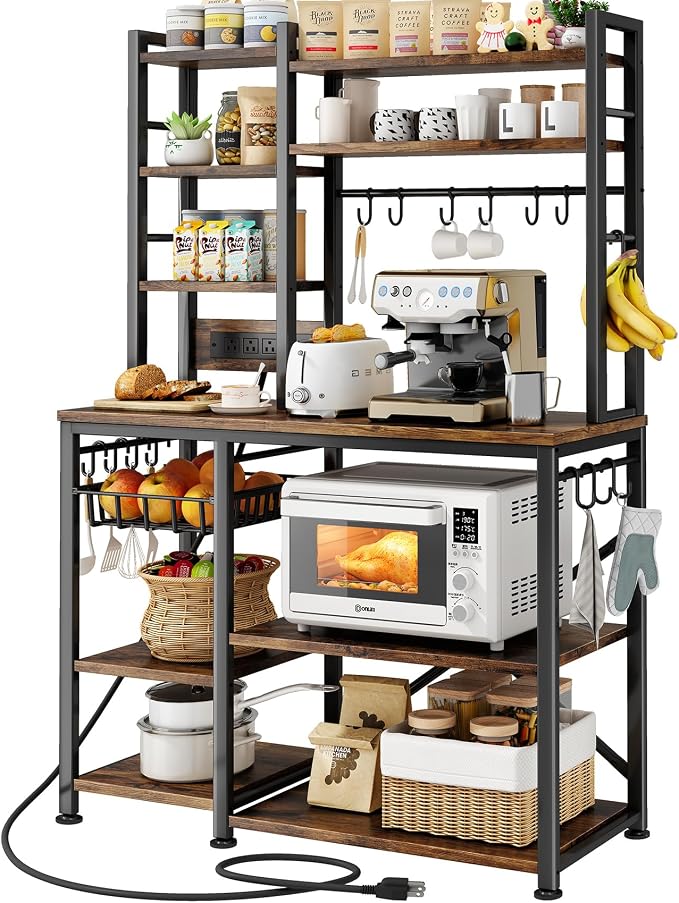 Denkee Large Bakers Rack with Power Outlets, 38 Inch Microwave Stand with Storage, 5-Tier Coffee Bar Stand, Industrial Kitchen Shelf Rack, Rustic Brown