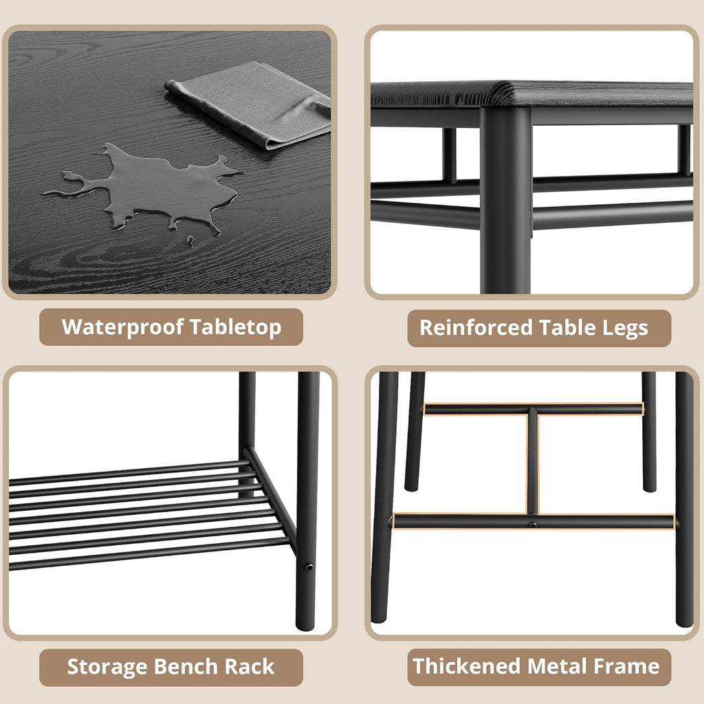 IRONCK Dining Table Set for 4, Kitchen Table with Upholstered Bench and 2 Chairs, Kitchen Table and Chairs Set for Small Space, Apartment, Black