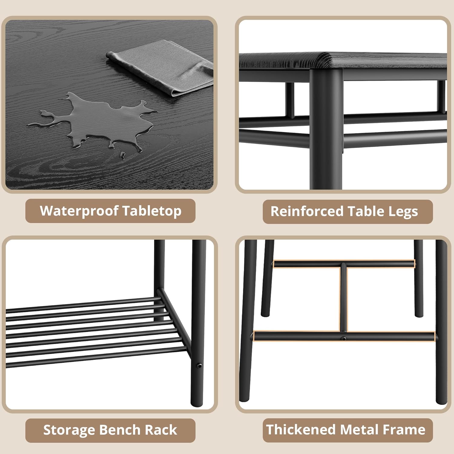IRONCK Dining Table Set for 4, Kitchen Table with Upholstered Bench and 2 Chairs, Kitchen Table and Chairs Set for Small Space, Apartment, Black