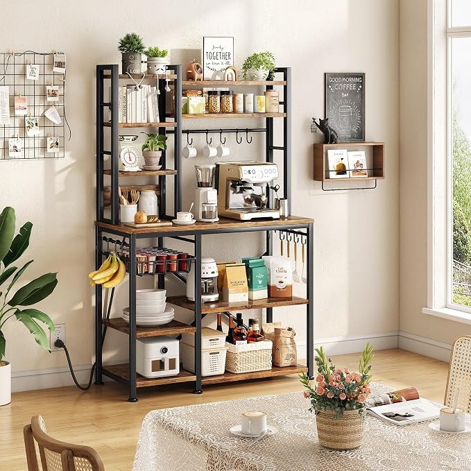 Denkee Large Bakers Rack with Power Outlets, 38 Inch Microwave Stand with Storage, 5-Tier Coffee Bar Stand, Industrial Kitchen Shelf Rack, Rustic Brown